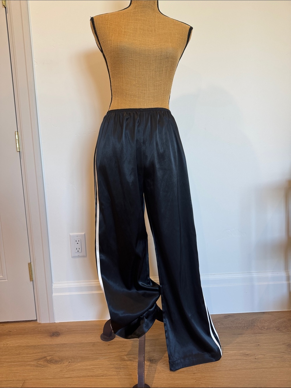 Black Satin Wide-Leg Pants with White Side Stripe